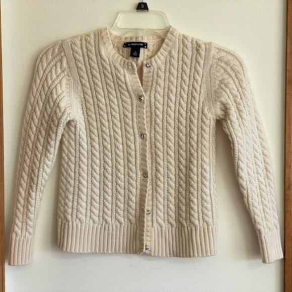 LANDS' END Wool Cable Cardigan Sweater Off White Crystal Button Girl S 7… - Picture 6 of 16
